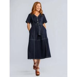 Lesley Evers Maxine Button Top V-Neck Indigo Denim Midi Dress Belted Size Small